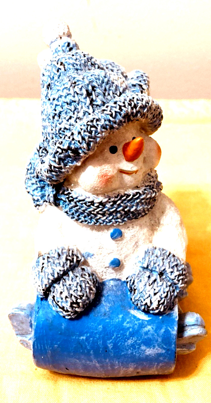 Snowman Riding Toboggan Figurine : Two Snowmen Wearing Hats, Scarfs, & Mittens