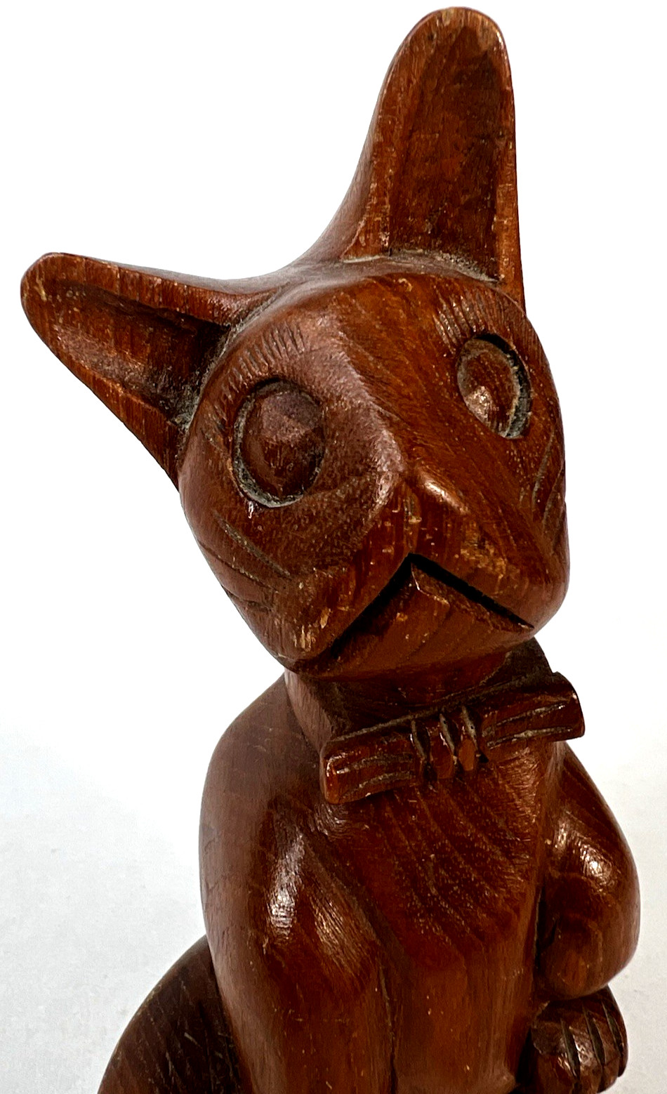 Vintage 60s MCM Hand Carved Teak Wood Cat Figurine Mid Century Bowtie 9.5″ Kitty