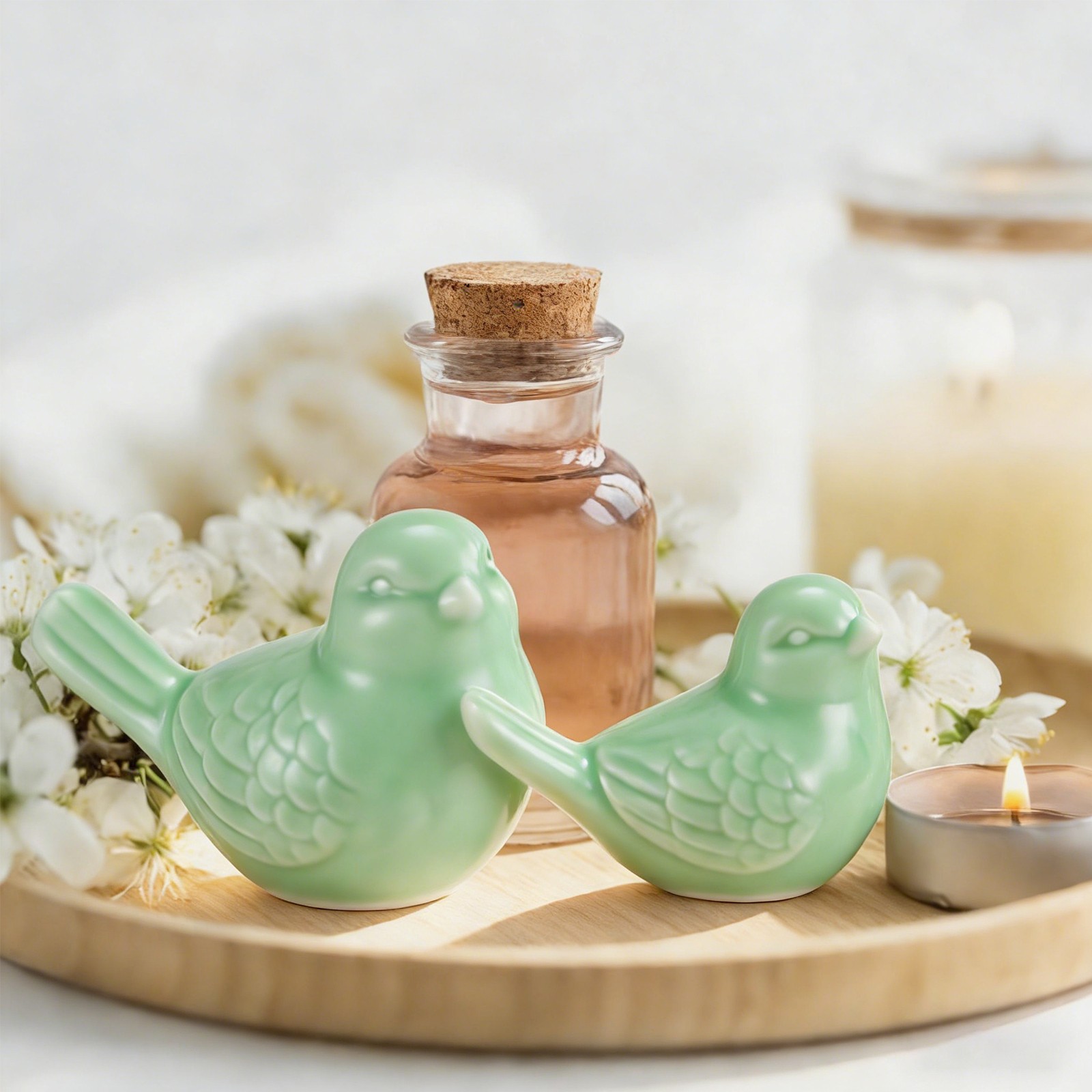 2Pcs Ceramic Birds Figurines, 3.9 Inch and 3.2 Inch Bird Figurine Statue, Green
