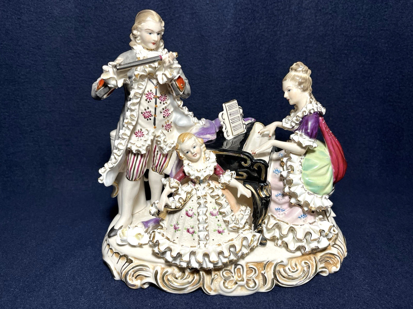 Vintage German Dresden Figurines Musicians Piano Flute Child Singer 9-1/2″x 9″