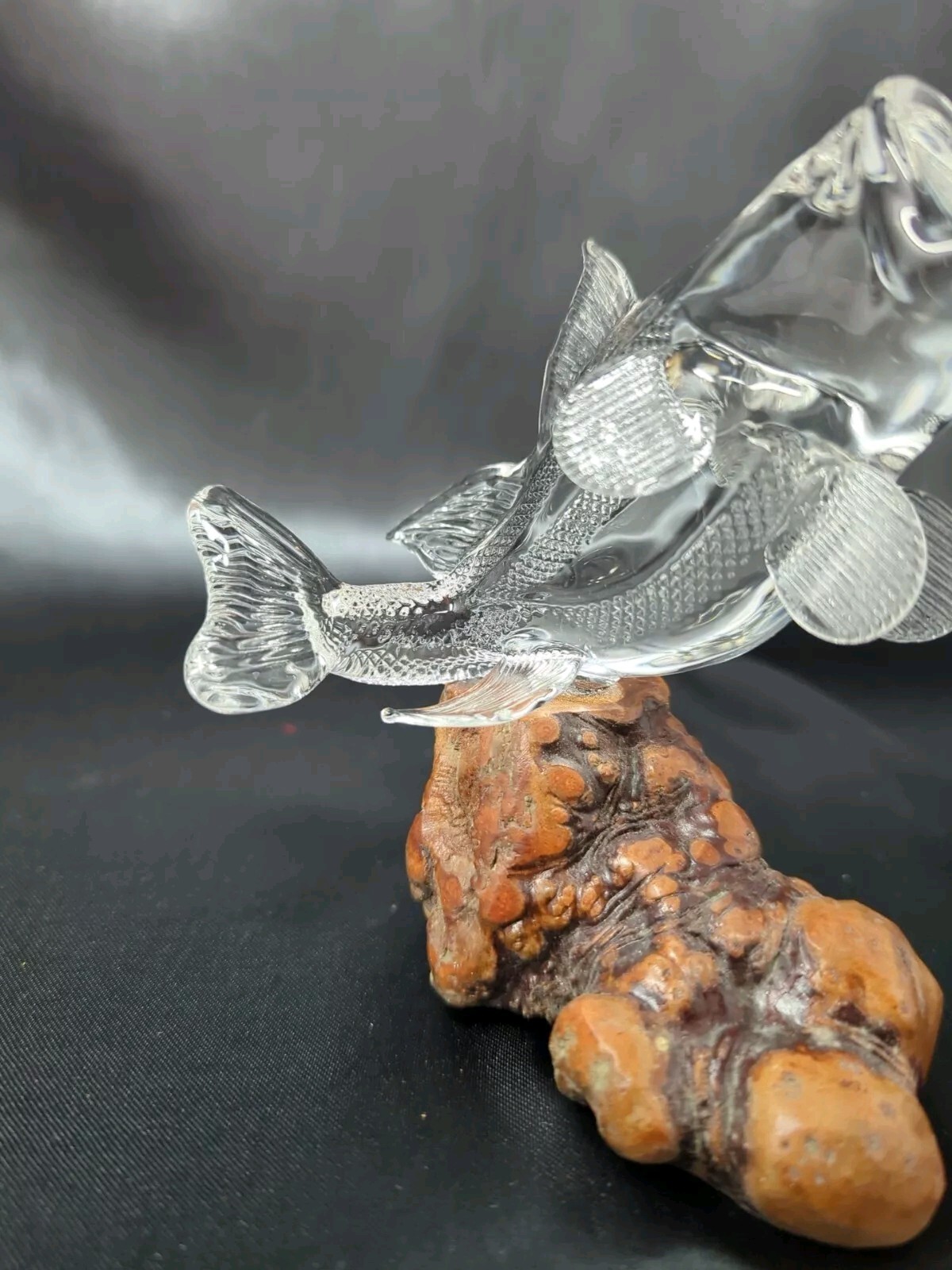 Large Glass Bass Fish Figurine On Wood Burl Clear Glass Figure Fishing