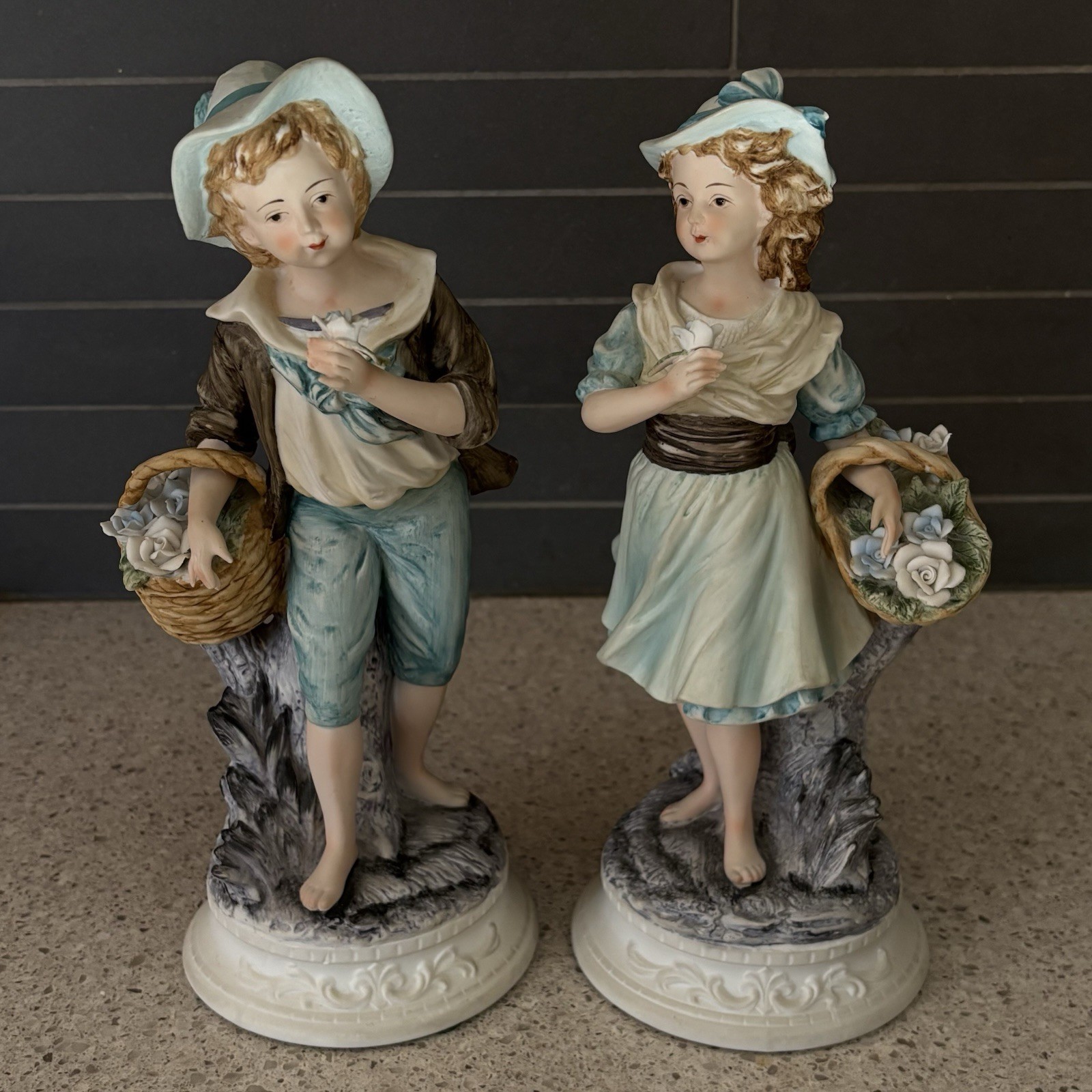 Vintage Porcelain Figurines Ethan Allen 1970 Boy & Girl with Flowers