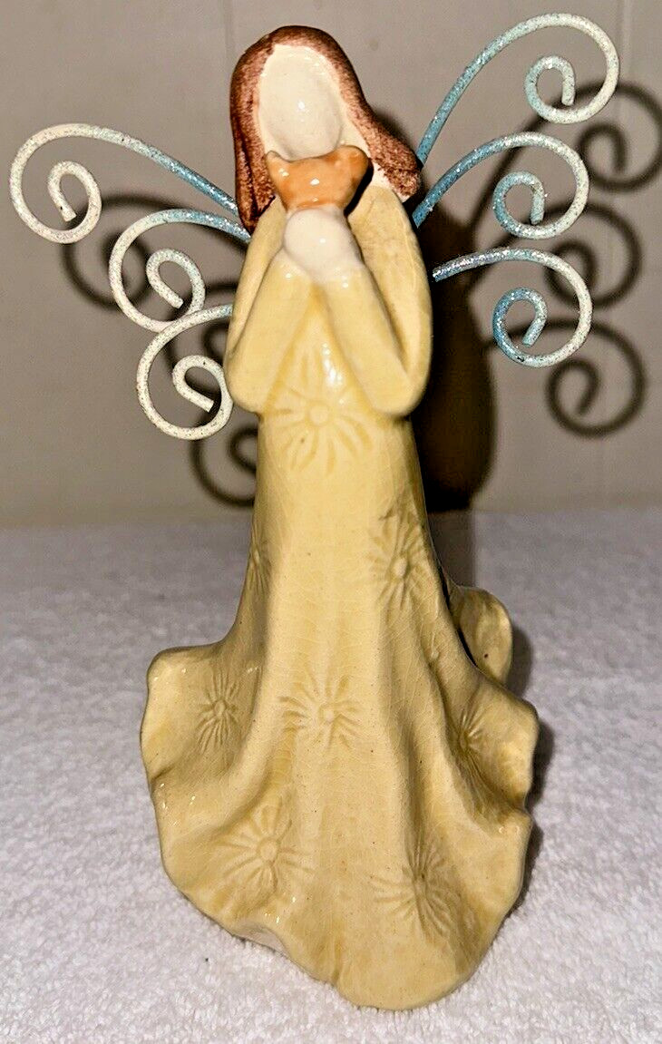 Ceramic Winged Angel With Dove Figurine Willow tree style Wedding Bridal Decor