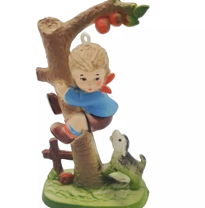 Vintage Figurine Christmas Ornament Bakelite Made in Hong Kong Dog & Boy 4″