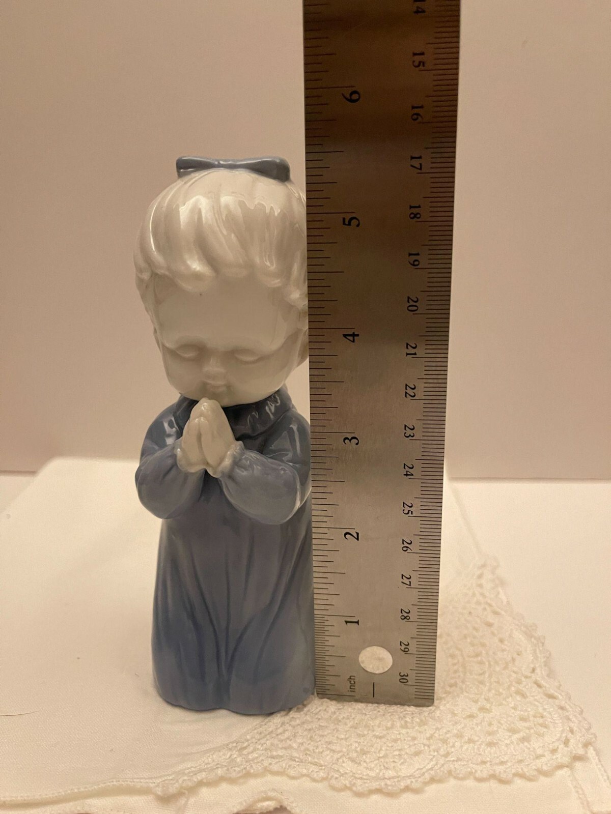 Vintage Blue And White Praying Child Girl Ceramic Figurine Japan