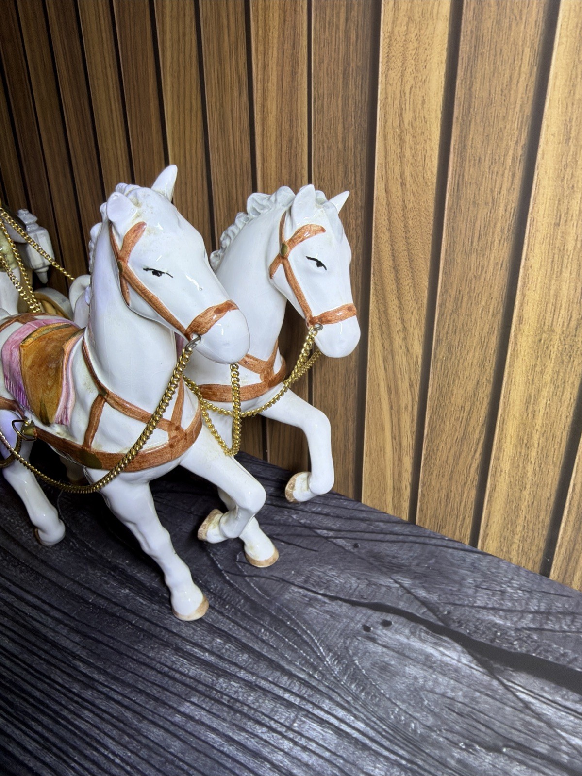 Vintage Japan Laurel Porcelain Horse Drawn Carriage Music Box Figurine