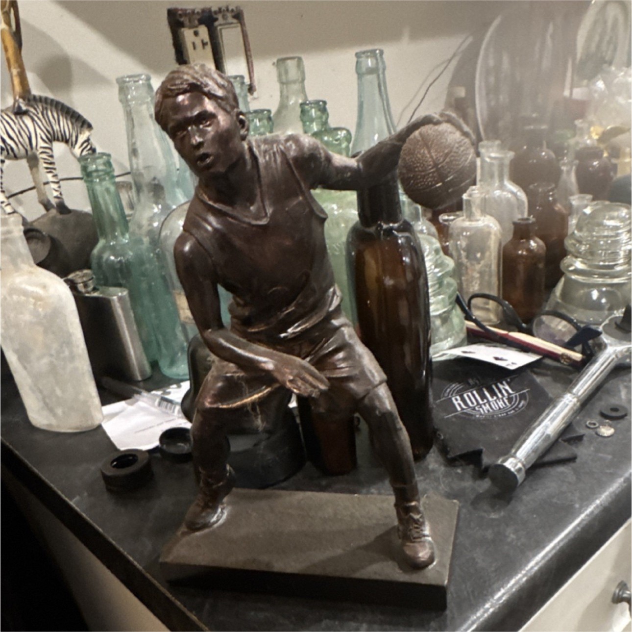 Bronze Basketball Player Sculpture Metal Antique Finish Carvings Sports Decor