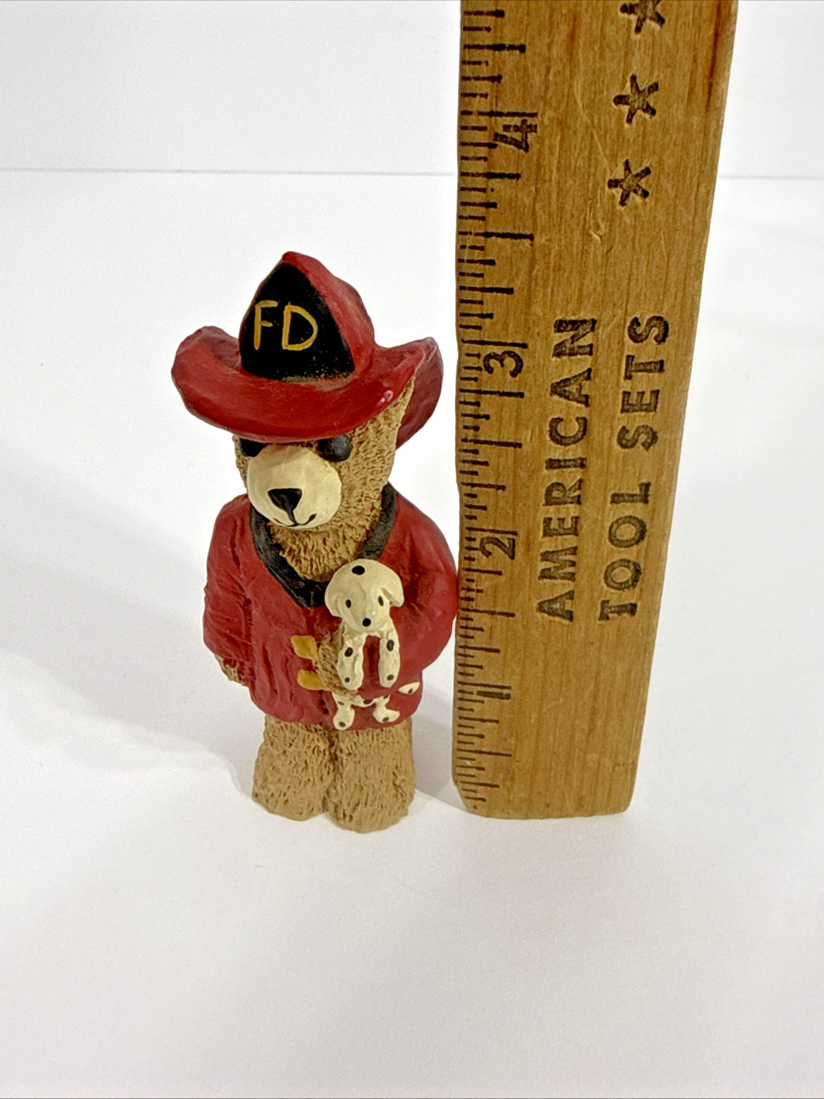 Vintage 3.5 in Fire Fighter Teddy Bear Figurine With Dalmatian Puppy