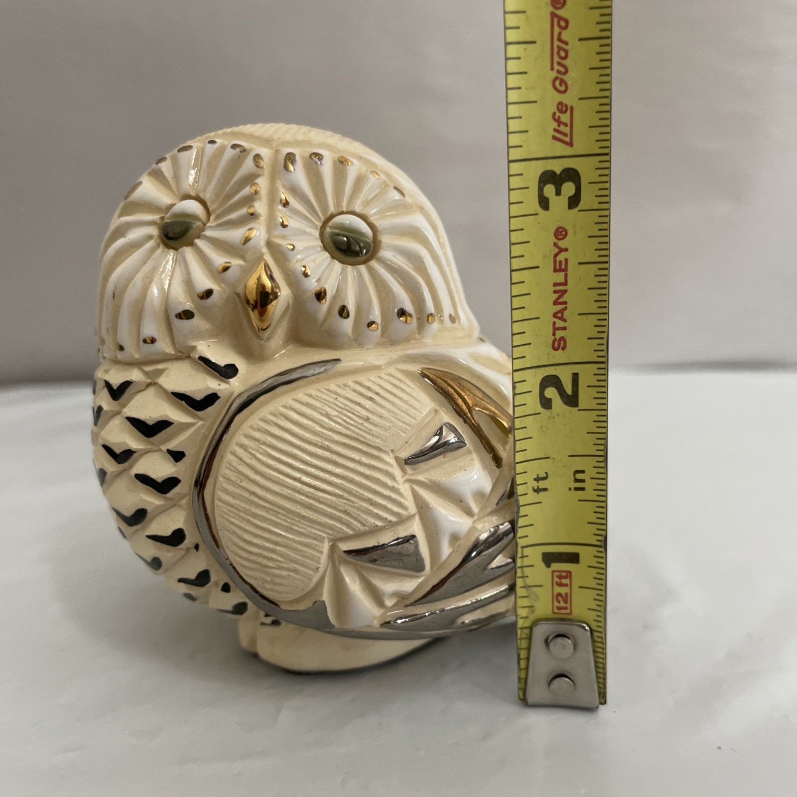 Artesania Rinconada Snowy Owl Bird Figurine Gold Silver Accents Uruguay 3.5”T