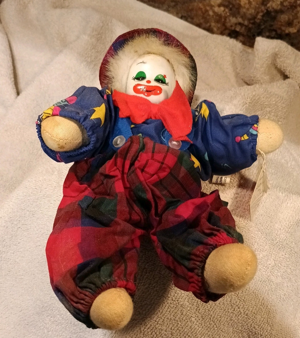 VINTAGE HAPPY CLOWN DOLL CERAMIC FACES 8 in – UNIQUE CLOTHES – Original Tag