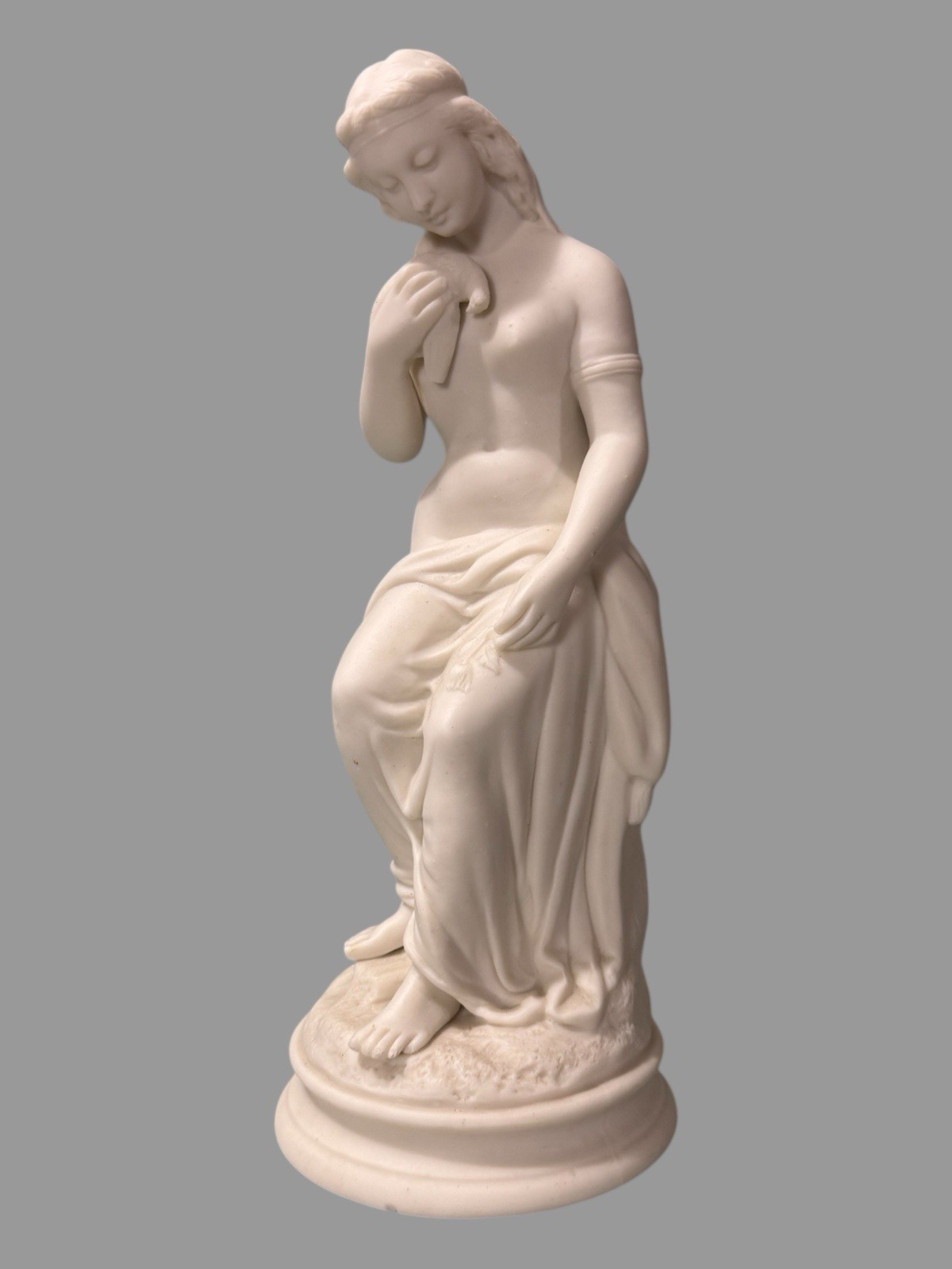 Antique Victorian 11″ Art Nouveau Figural Parian Statue of a Maiden & Dove