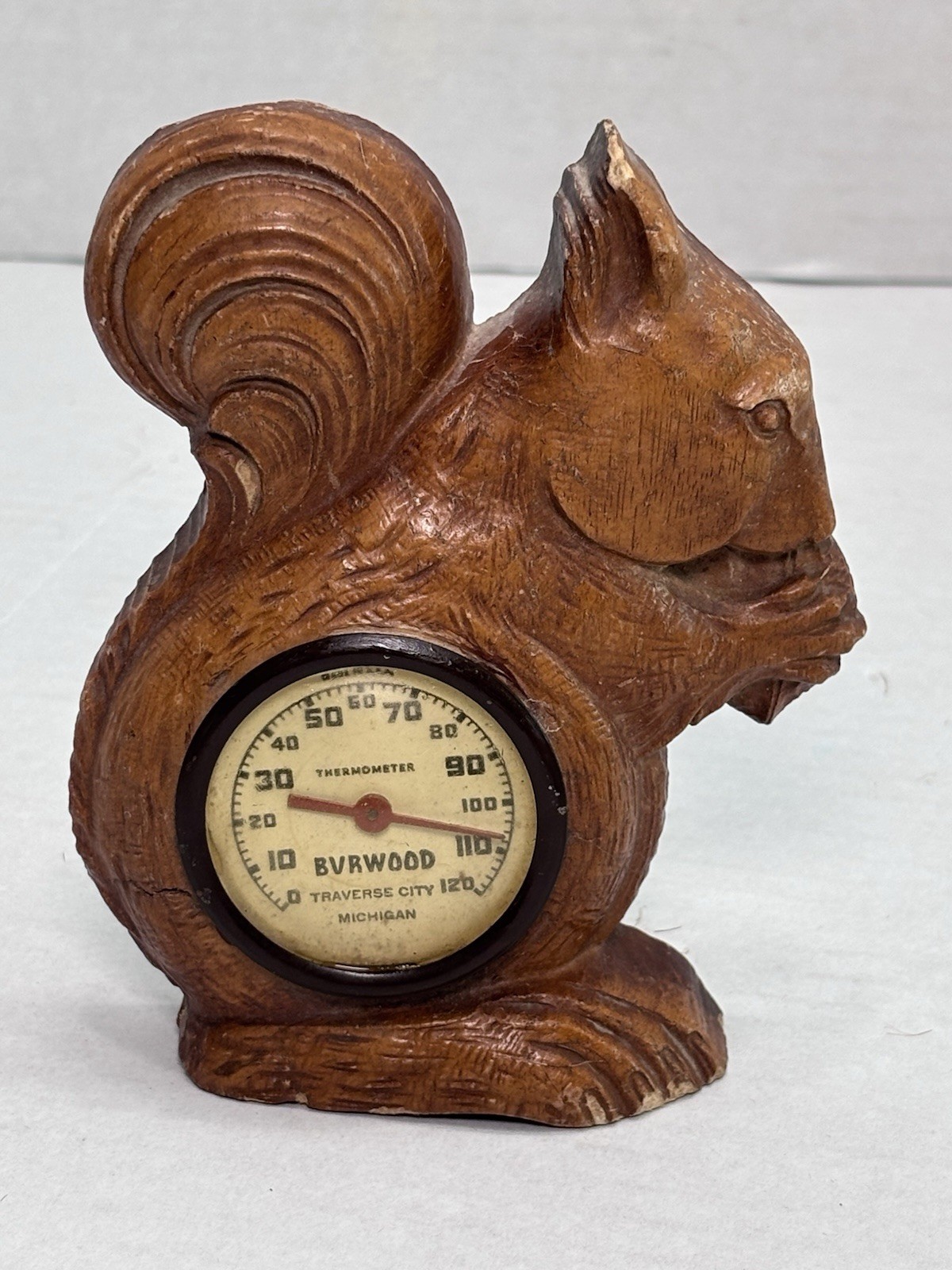 Vintage Burwood Squirrel Thermometer Wood Composite Traverse City Michigan
