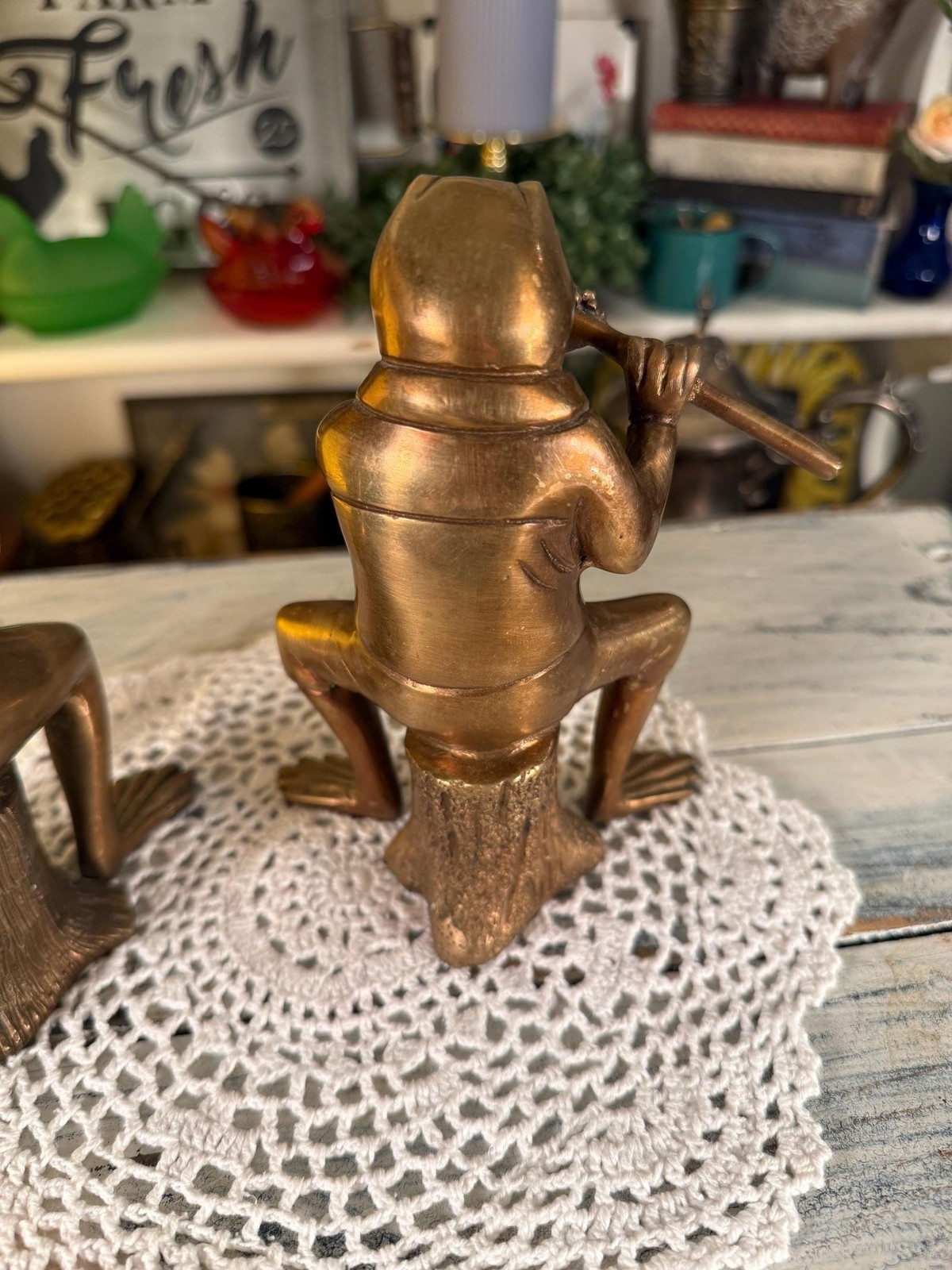 Vintage Brass Frog Musicians Figurines | Guitar Flute Band Decor
