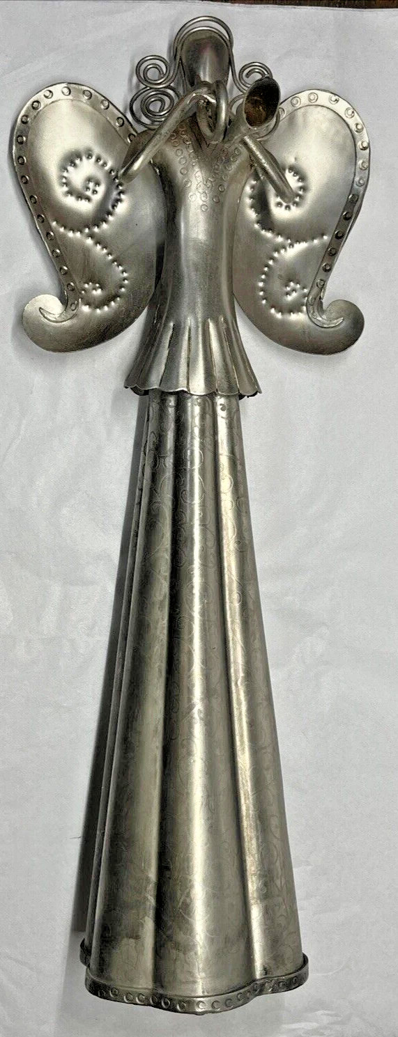 Metal Sculpture Folk Art Angel Playing Horn 17″ Tall Vintage