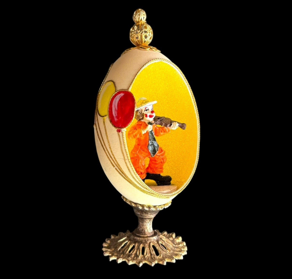 Vtg Egg Art Diorama Mini Clown Playing Violin Figurine Clowncore Decor