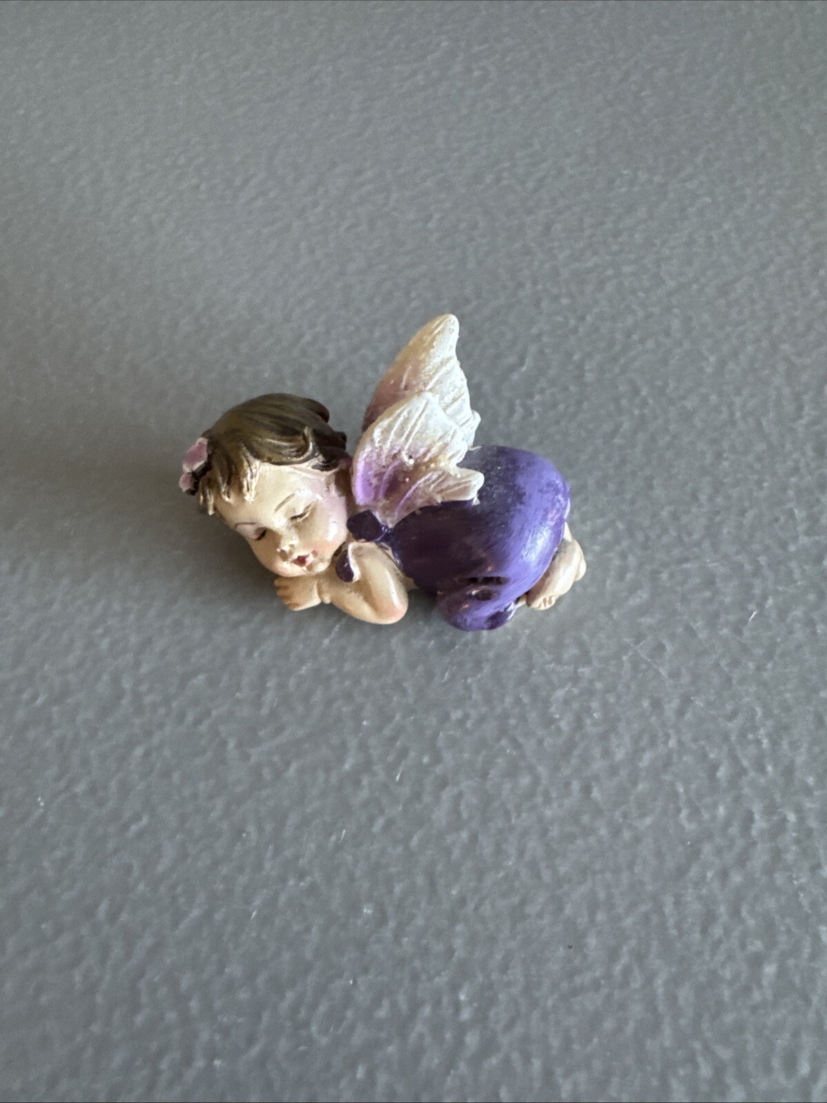 Tiny Baby Girl Angel Figurine Purple Angel Wings Pink Flowers Fairy Garden