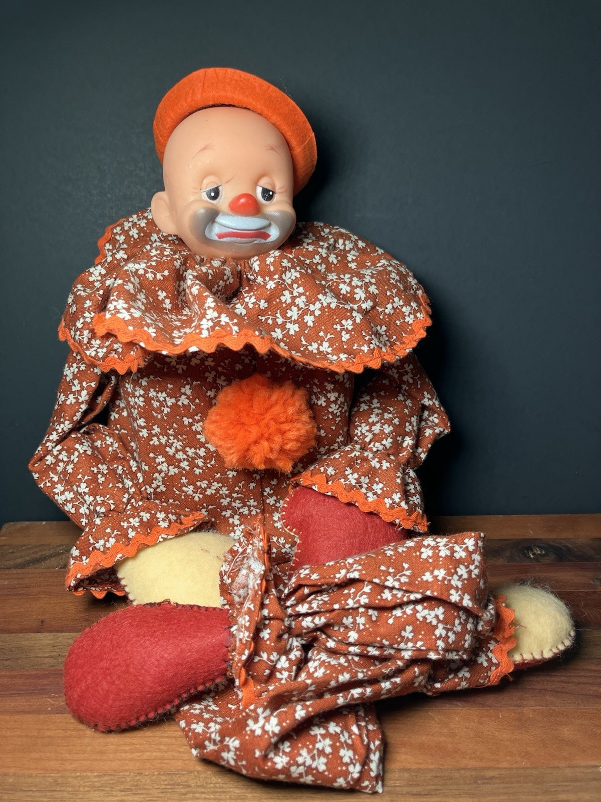 Vintage Handmade Block Clown Ciruse Costume Shelf Sitter Orange Blue 19”
