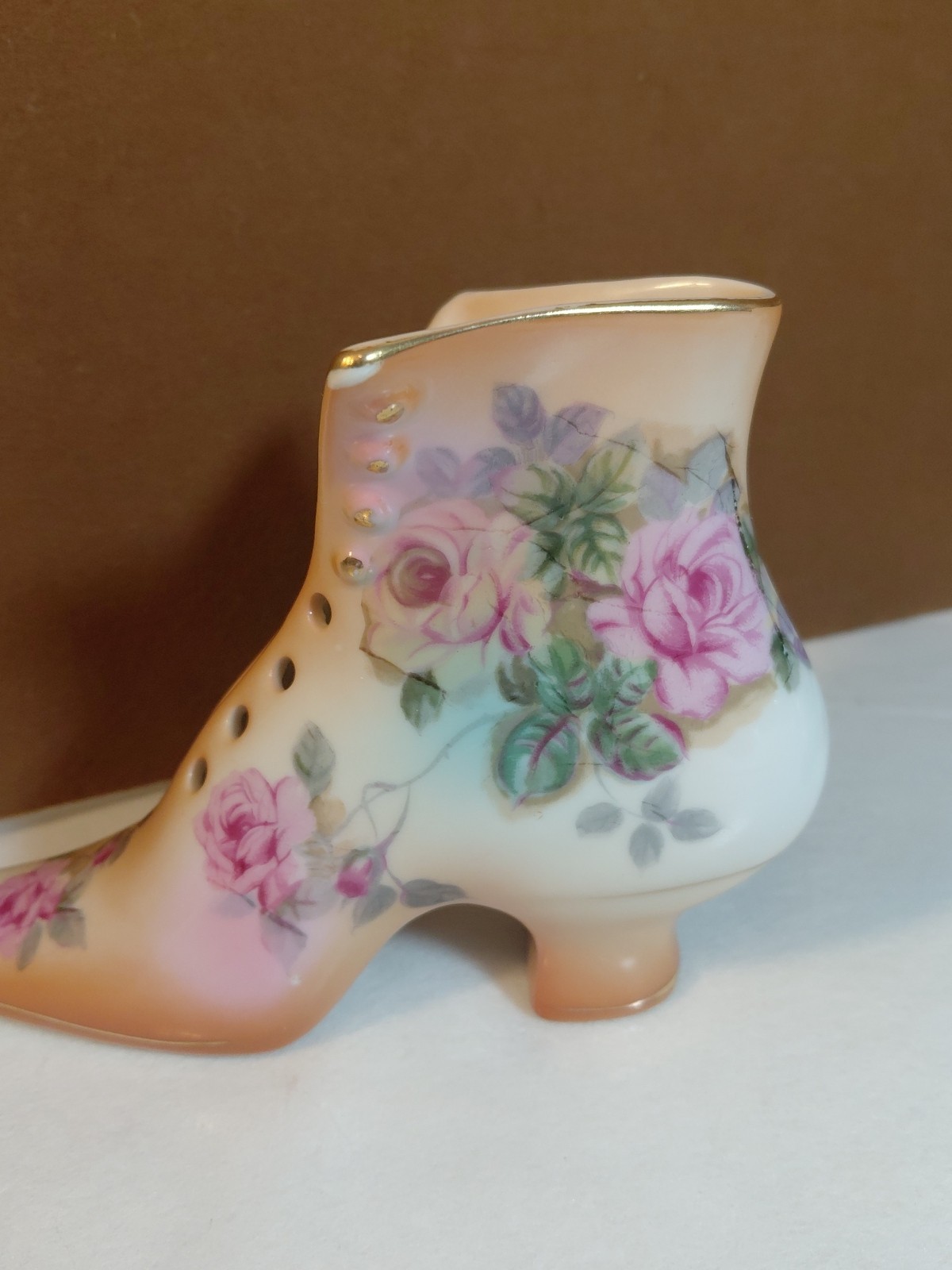 2 Vtg. Ladies Boot/Shoe- RS Porcelain Floral, Fenton Hobnail Milk glass