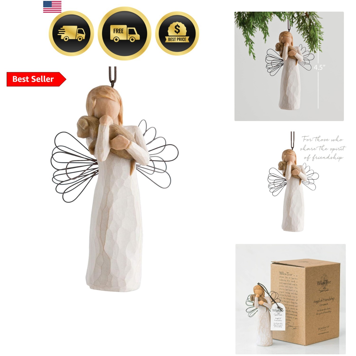 Angel of Friendship Ornament, Sculpted Hand-Painted Figure