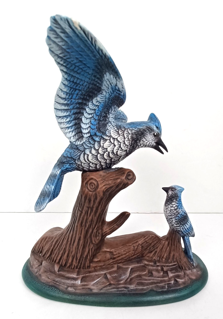 Vtg 1987 Handmade Mikes Mold Ceramic Blue Jays on Log Figurine Matte Glaze 10″