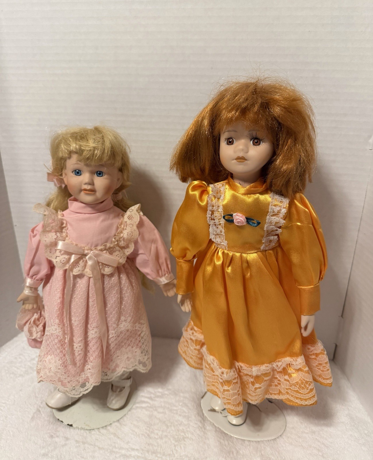 Lot of Two Vintage Porcelain Collector Dolls With Stands 14” 15” Pink Orange