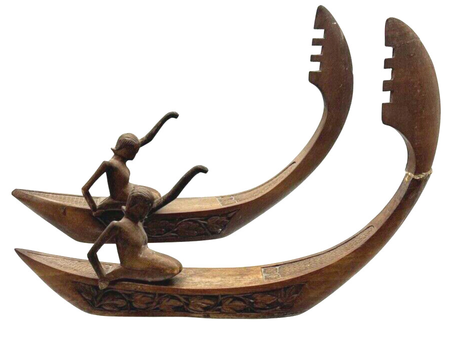 Pair Female & Male Long Boat Rowing Gondola Carved Wood Vintage