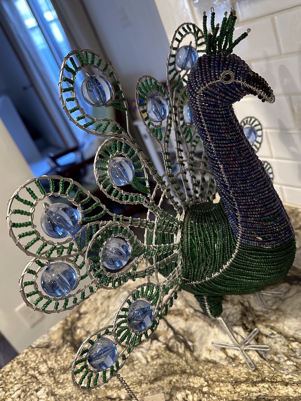 Beadworx Beaded Peacock Figurine Wire Glass Beads Art Freestanding Bird 16×13