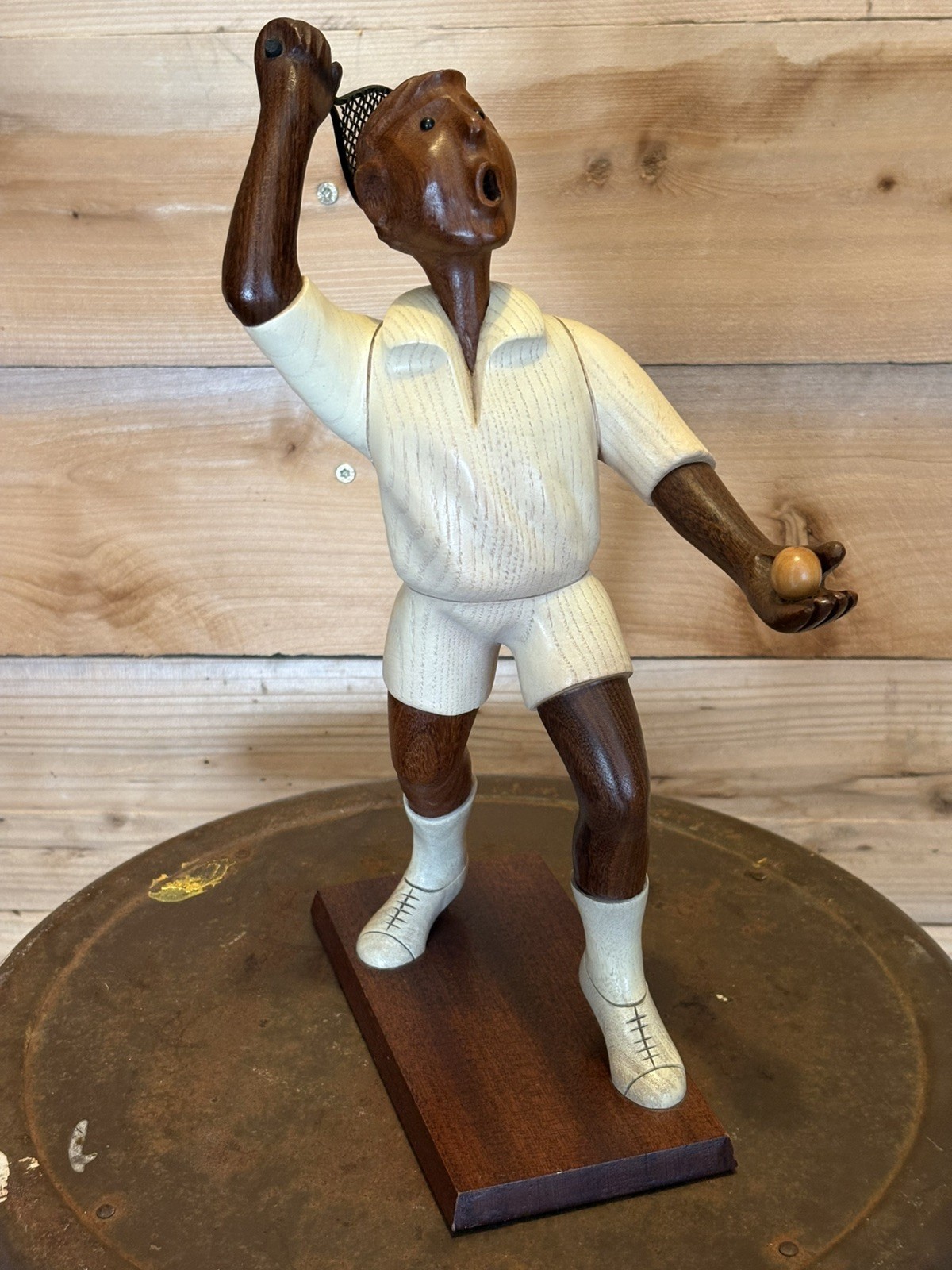 Vintage Desk Top Italian Wood Carving Sculpture Tennis Player 12” High