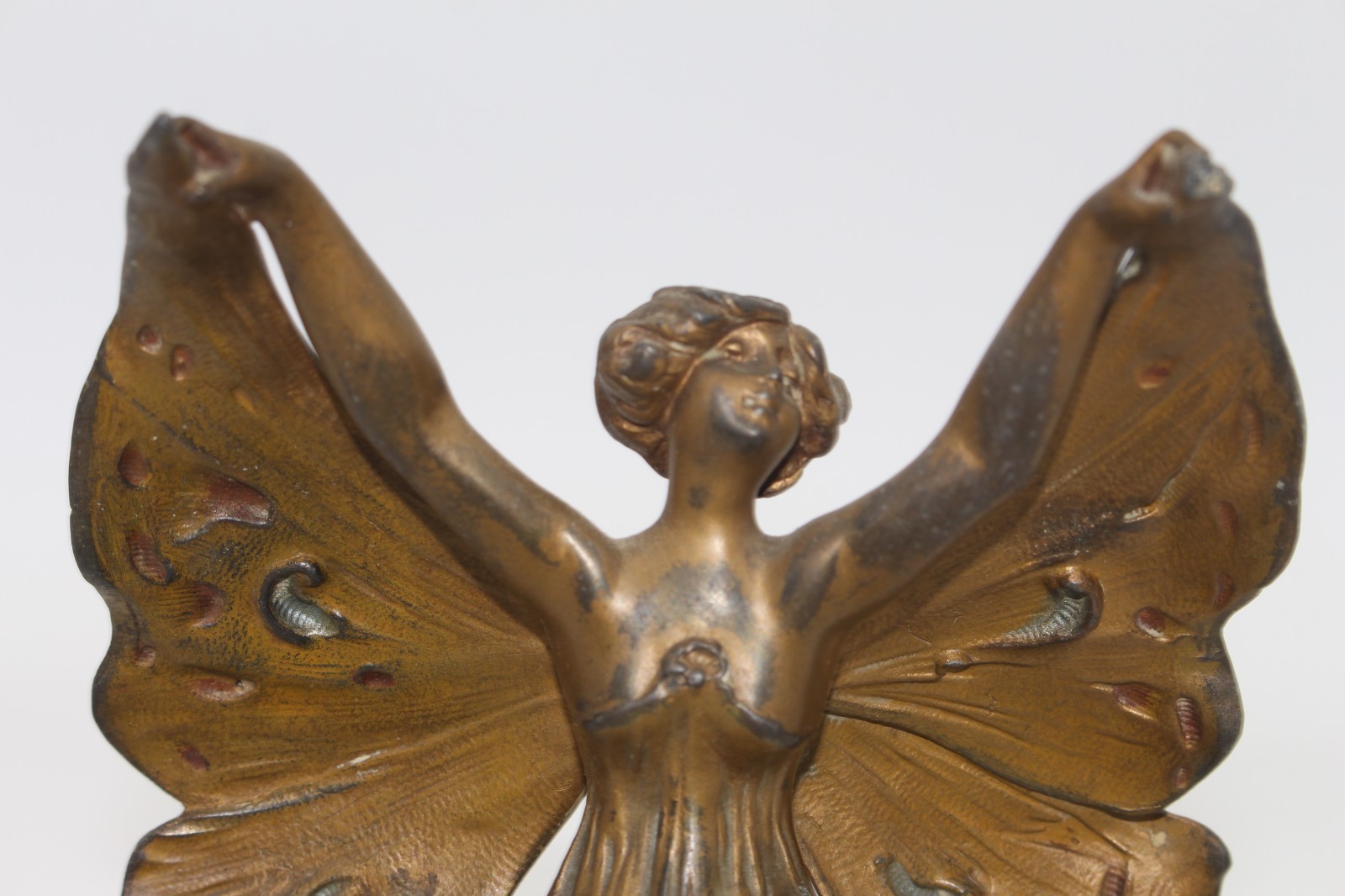 Buttefly Girl / Fairy Art Nouveau Bronzed Statue, Marbled Green Stone Base