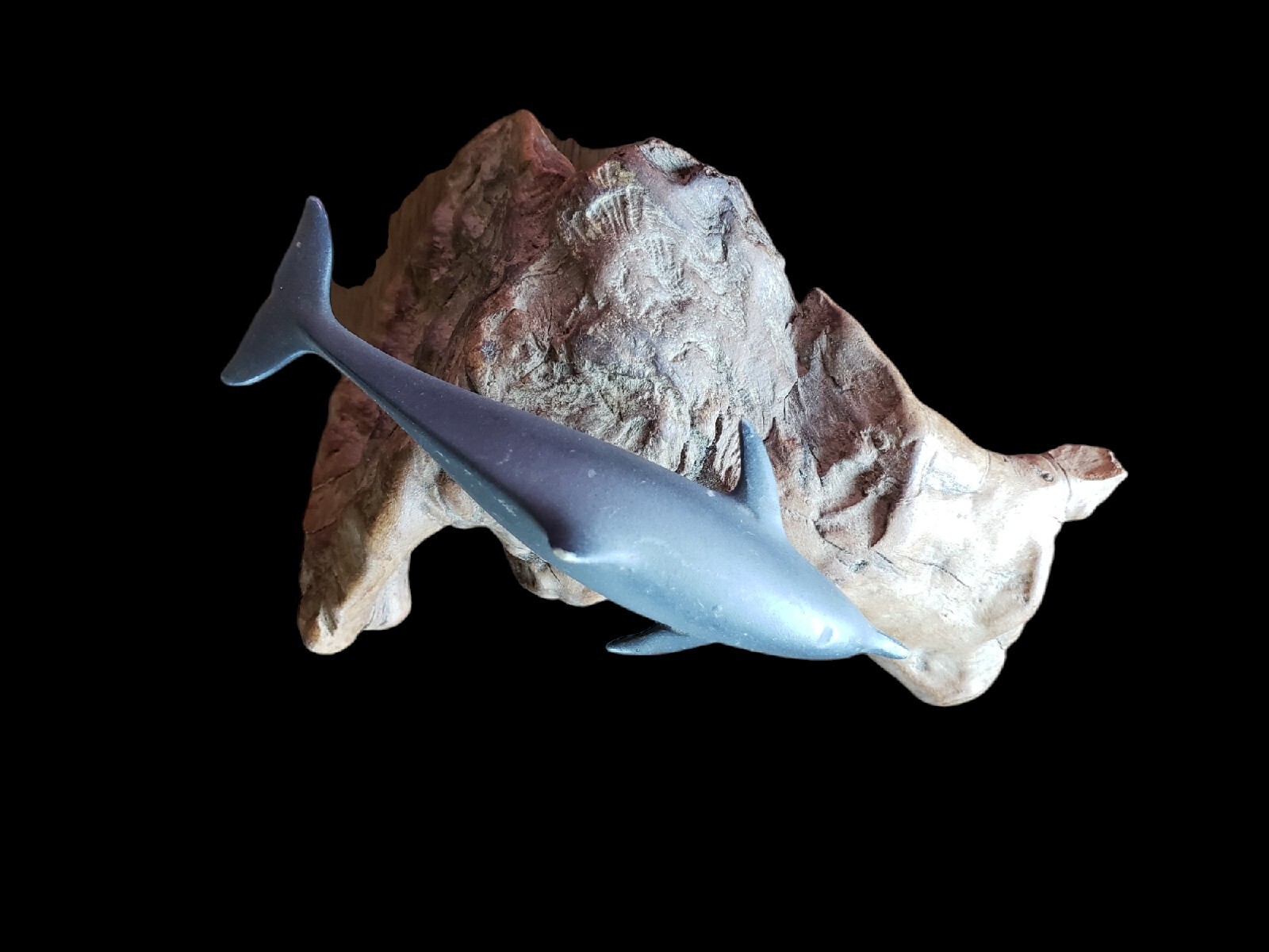 John Perry Figurine Gray Dolphin on Burl Wood Base Art Piece Sculpture