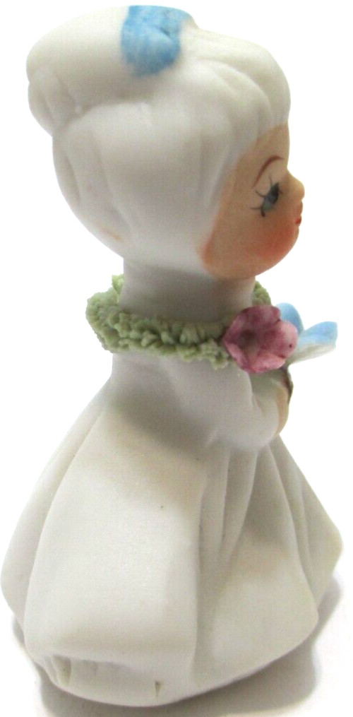 Vintage Enesco Girl Figurine Flower Basket Spaghetti Lei Necklace 2 1/8″ T #7