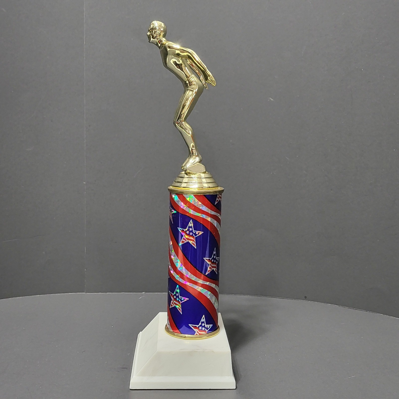 Gold Swimming Male Athlete Trophy Patriotic Stars Stripes 11.5 Inch