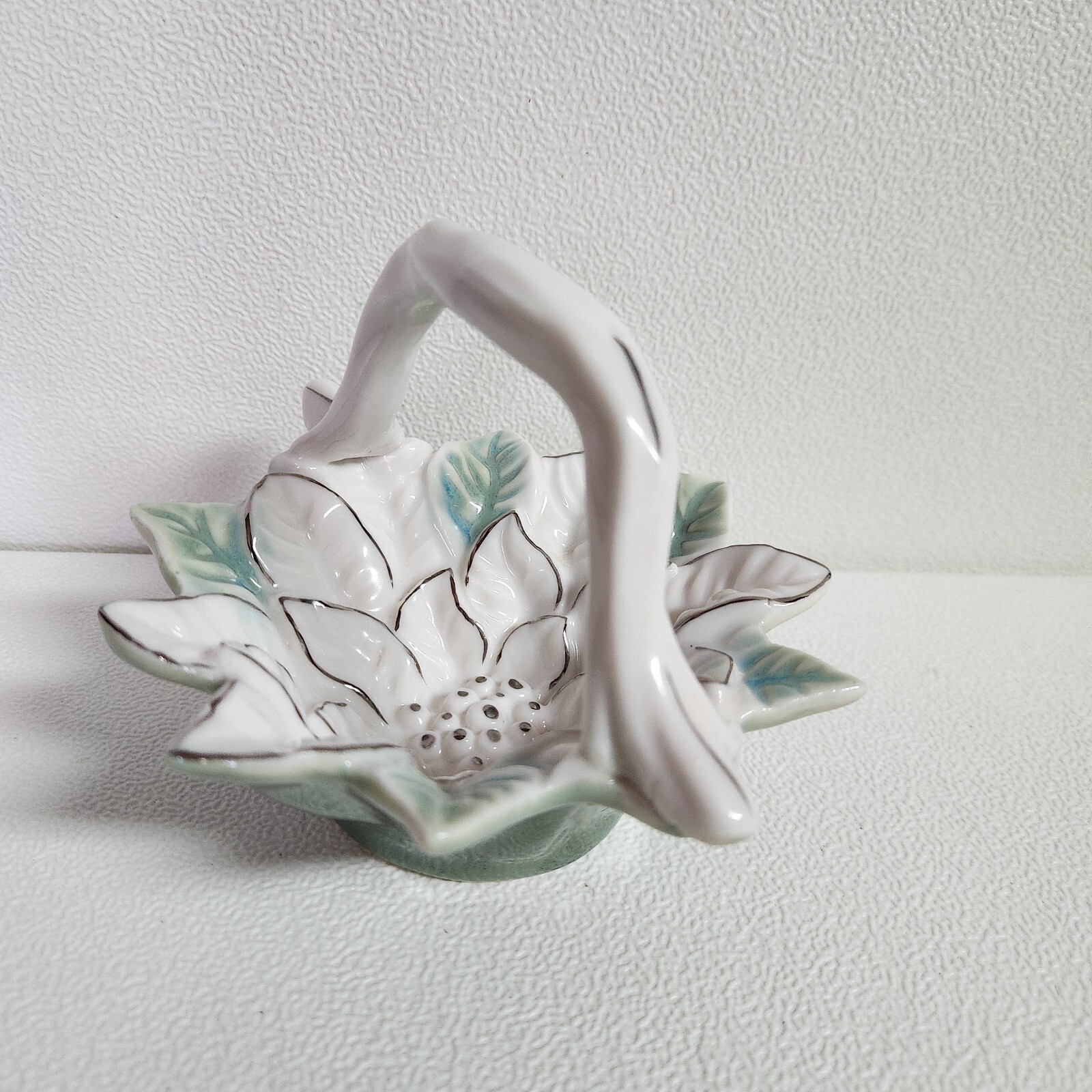 Small Porcelain Handled Basket White Green Flower Silver Tone Outline Glazed 5″