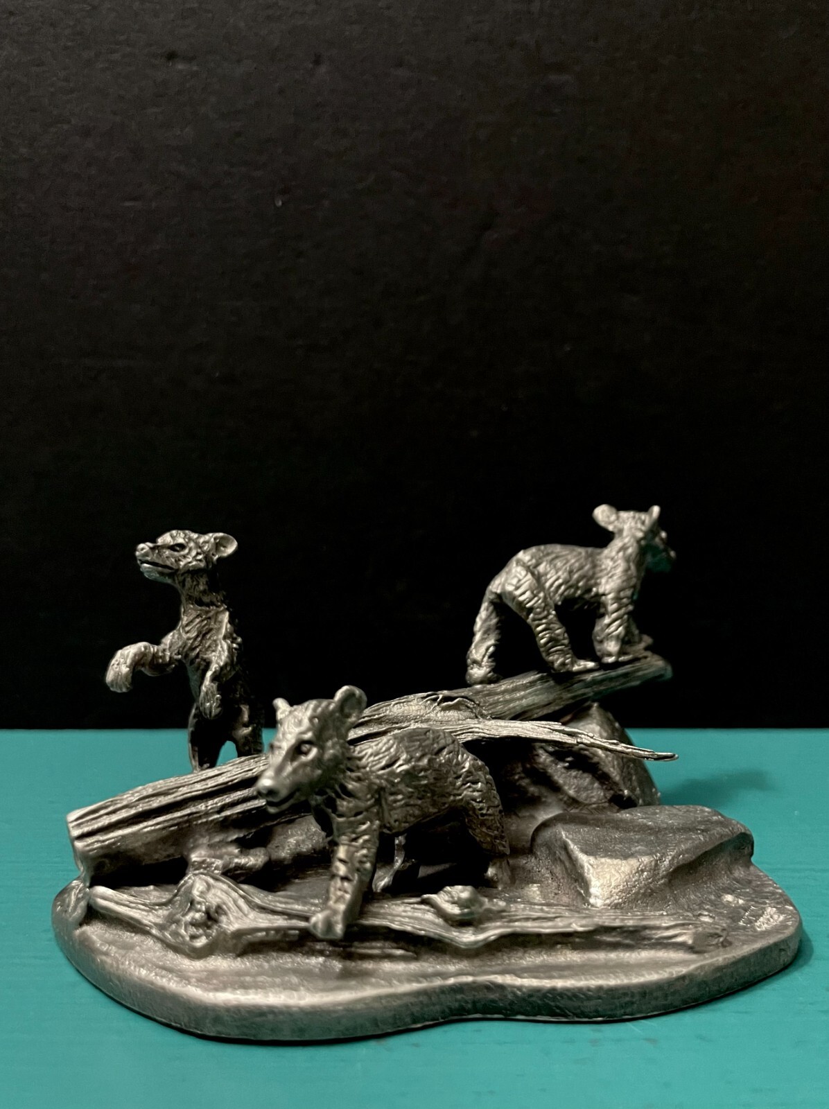 Pewter Three Bears Cubs Forest Tree Logs Wildlife Animals Diorama Art Figurine