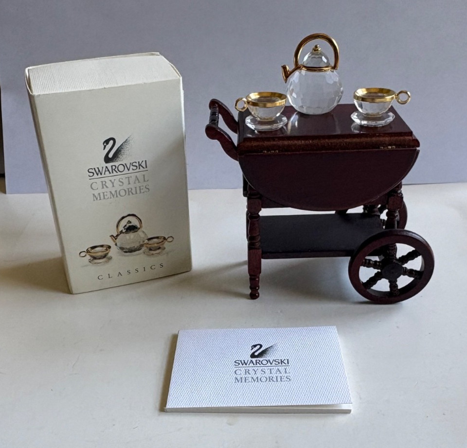 Swarovski Crystal Memories Tea Set Miniature Teapot Cups w/ Box & Wood Teacart