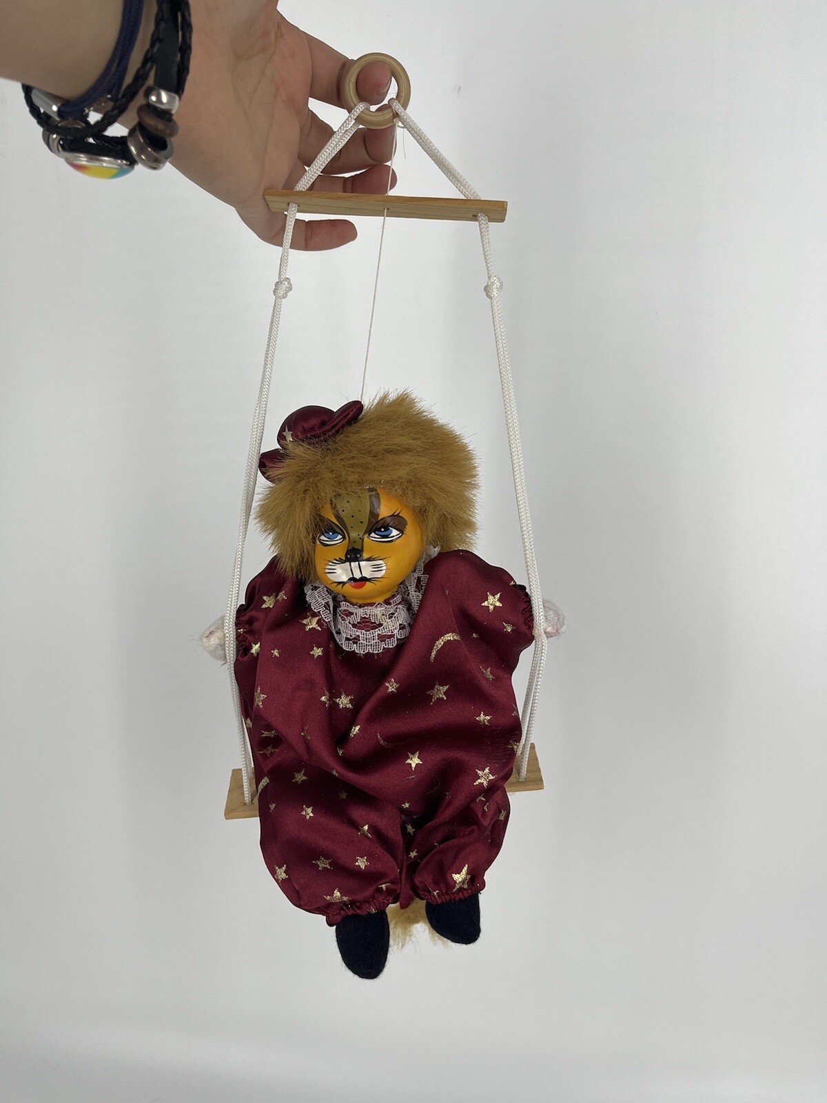 Vintage Marionette String Puppet Cat Clown Porcelain On Swing Hanging