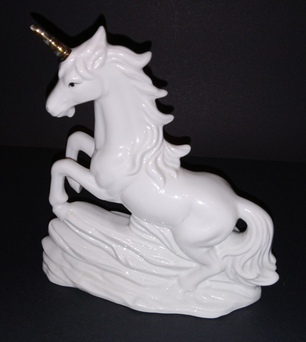 Vintage Porcelain Unicorn Figurine 6″ White Glossy Gold Horn Fantasy Decor