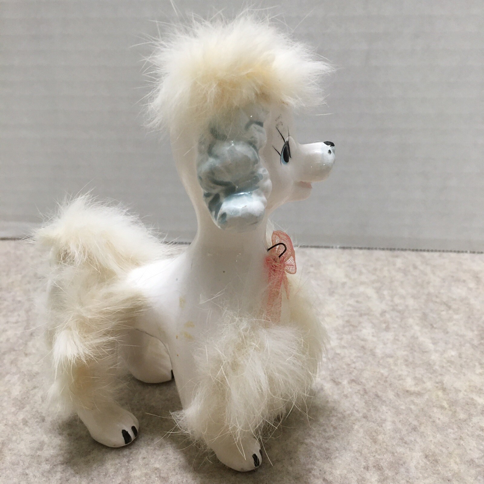 2 Giftcraft Poodle Ceramic Dogs White Angora Fur Figurines 5″ & 6″ Pink Bows
