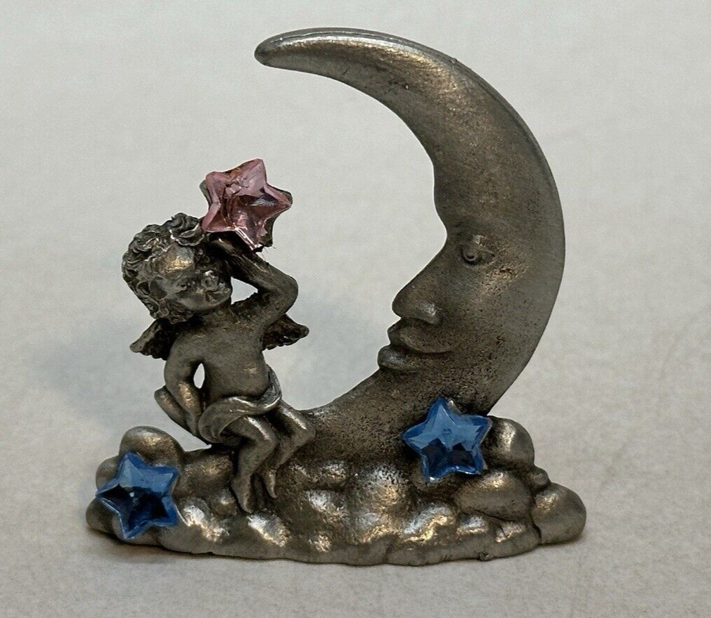 Pewter Angel Crescent Moon Stars Crystal Miniature Figurine 1993 Vincent Gallo