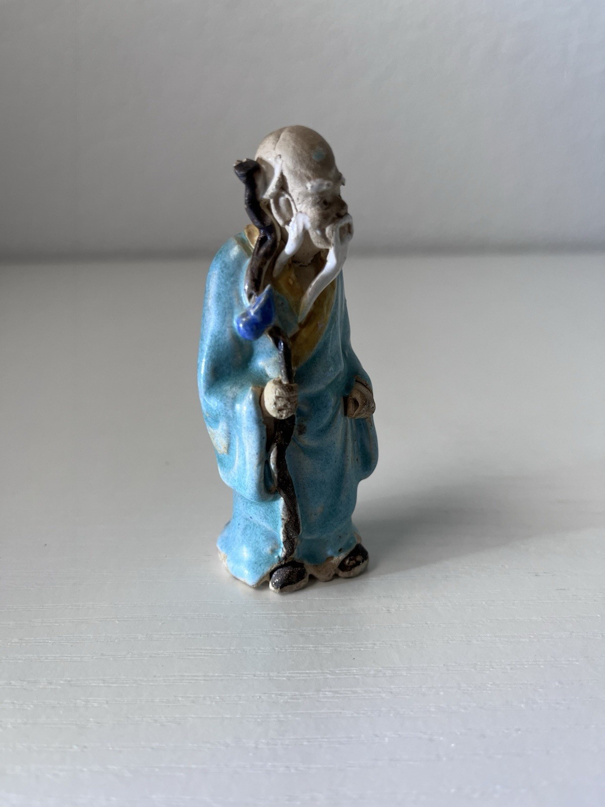 Hand Painted Chinese Mud Man Elderly Man Holding a Staff