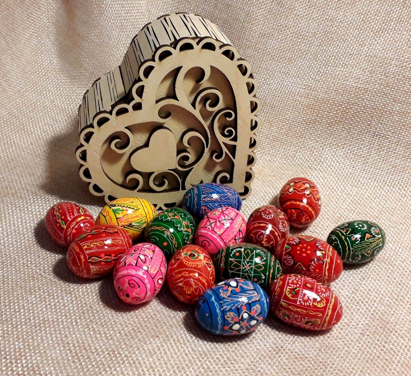 Original Easter Gift Set Openwork heart Box with 10 Small Ukrainian Eggs Pysanka