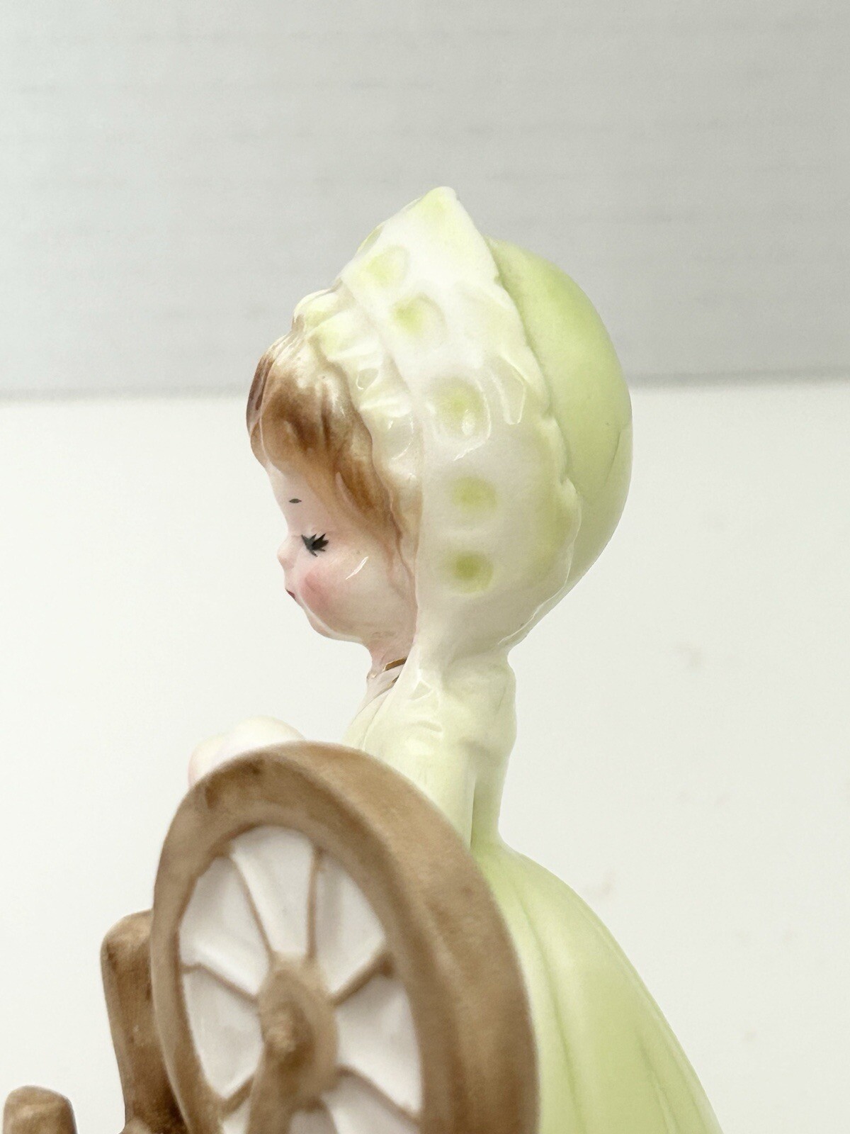 Josef Originals Colonial Days Spinning Wheel Girl Figurine Green Dress