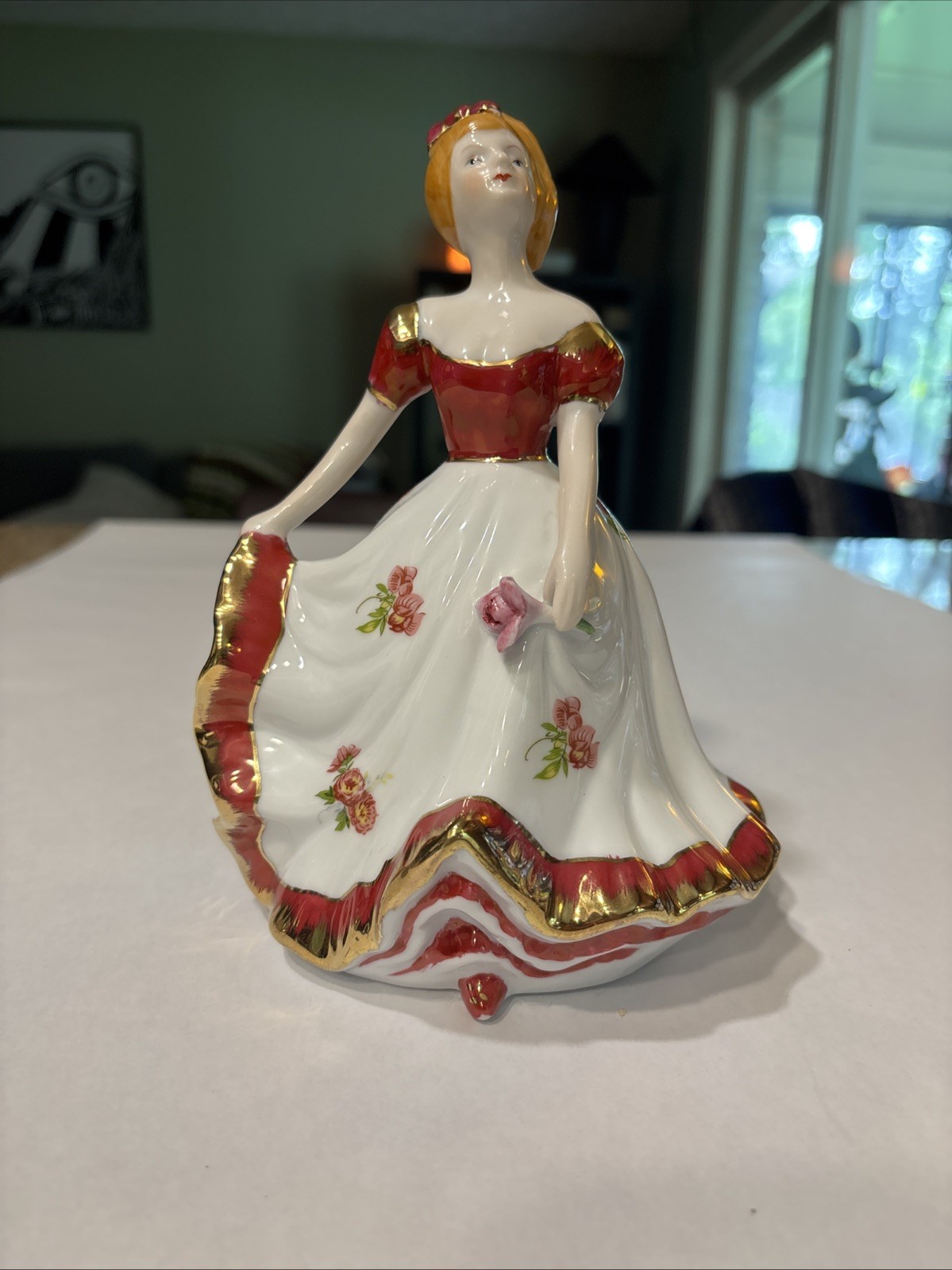 Vintage Victorian Porcelain Lady Figurine Red White Dress w Roses Gold Gild