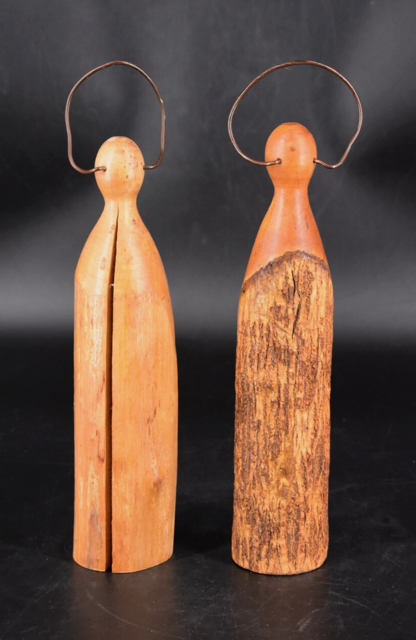 VTG Carved Wood Minimalist Angels Set of 2 Figurines w/Wire Halos 11.25″