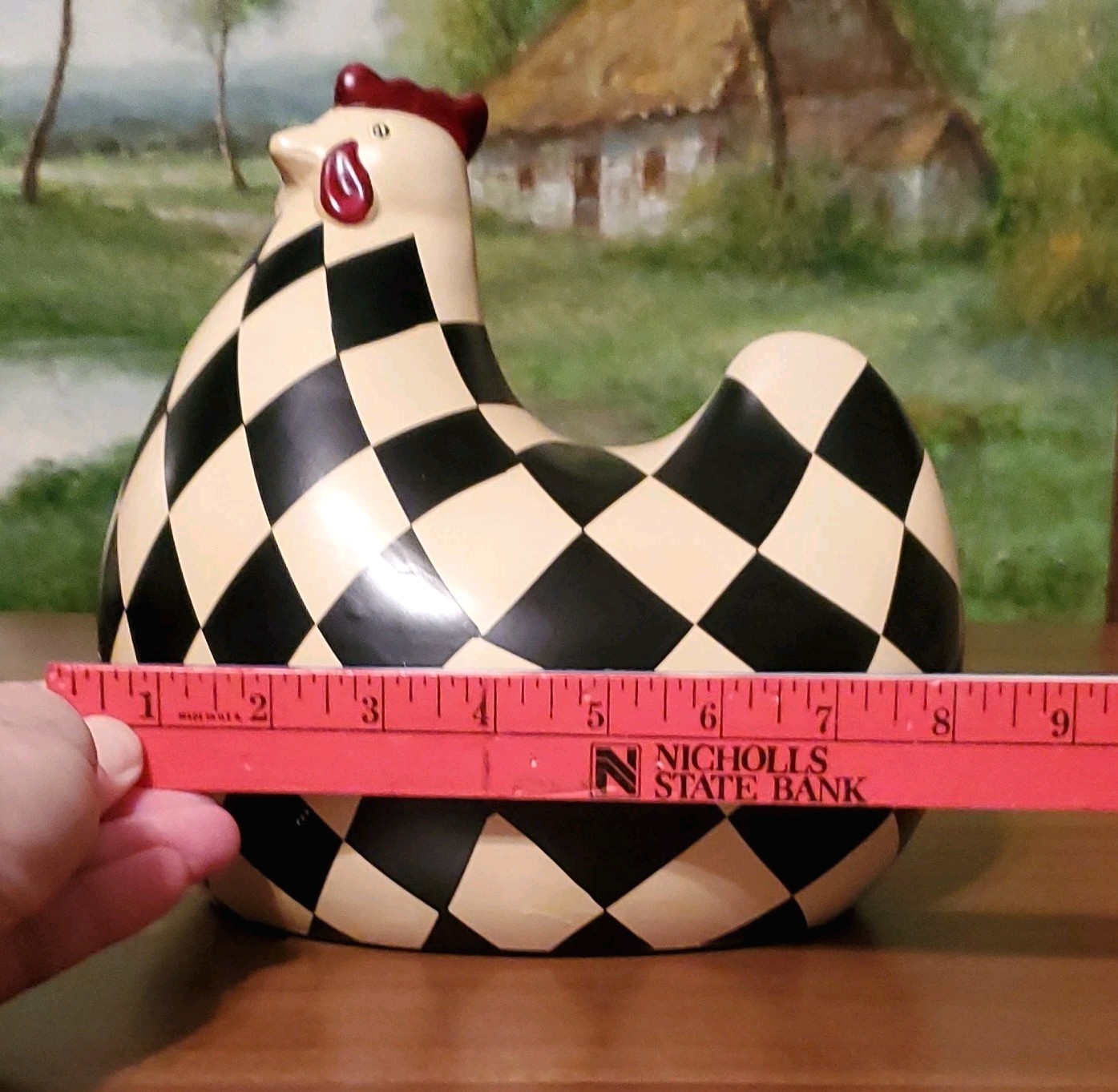 Black White Checkered Chicken Figurine Ceramic Glossy Finish 8.5″ X 8″in