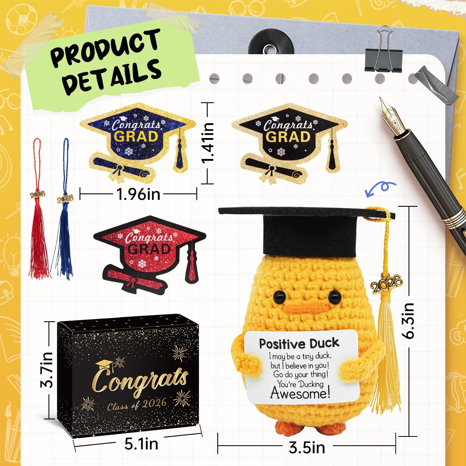 Class of 2026 Graduation Duck Plush Gift Cap Card Tassels for Her Him Grad 2026