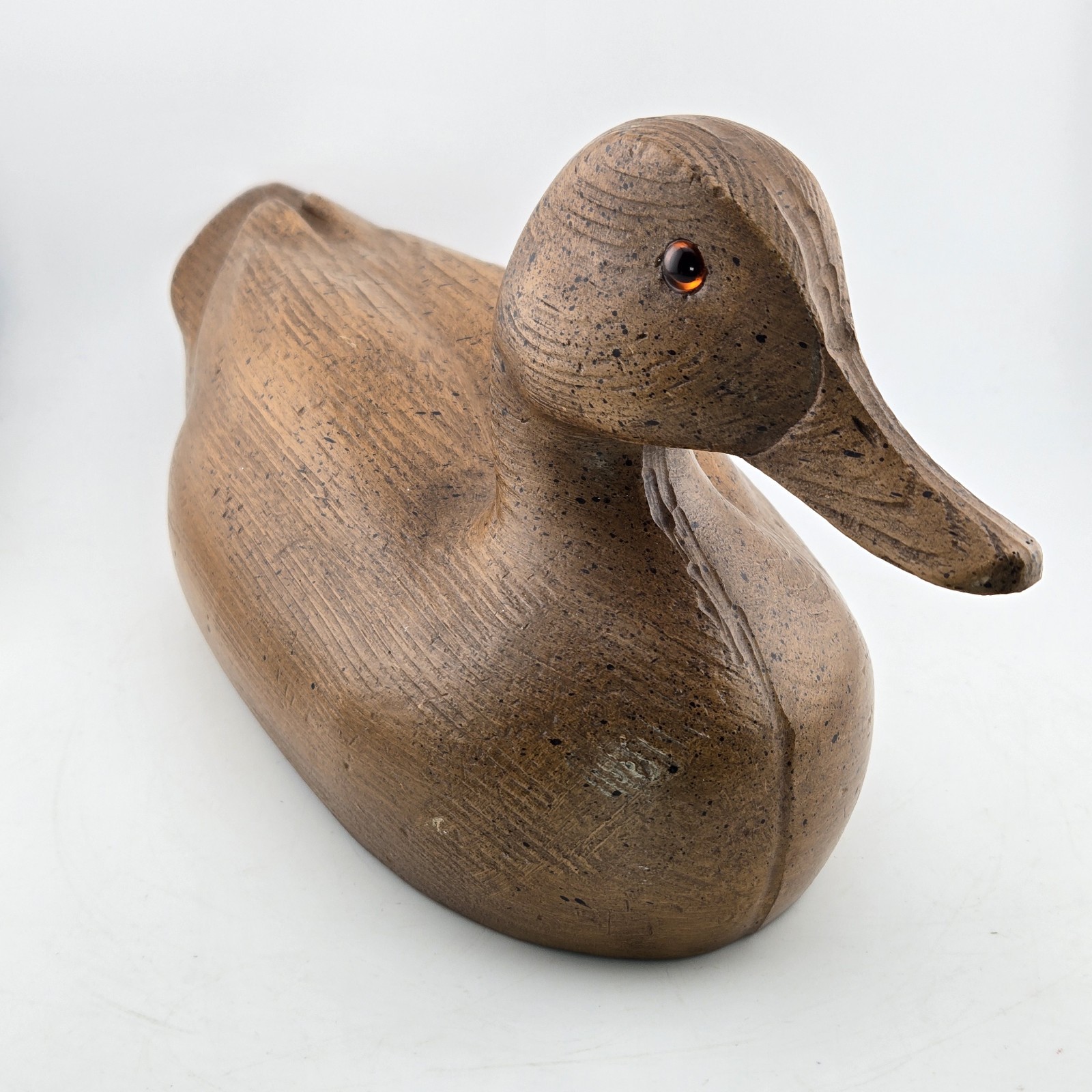 Vtg Molded Composite Resin Faux Wood Duck Decoy Figurine Brown Glass Eyes 14″