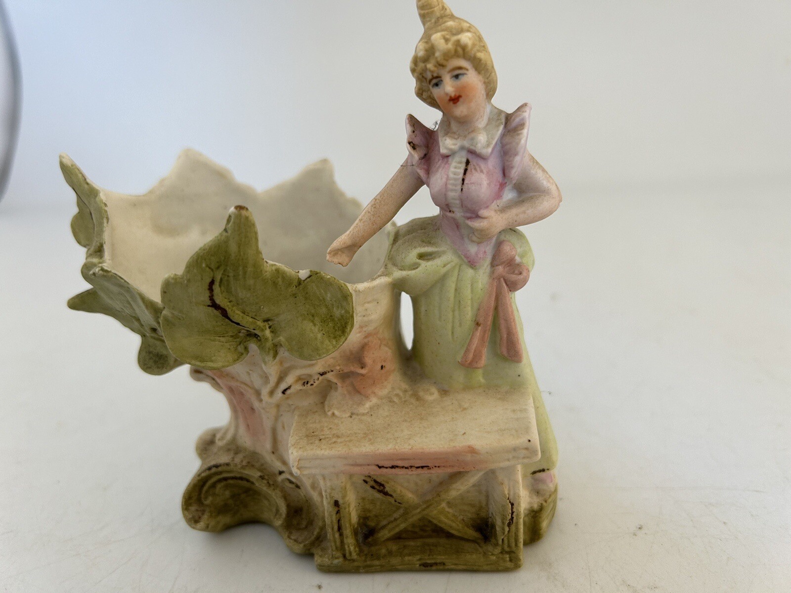 Vintage Art Nouveau Bisque Porcelain Nymph Woman Woodland Vase 4.5 in