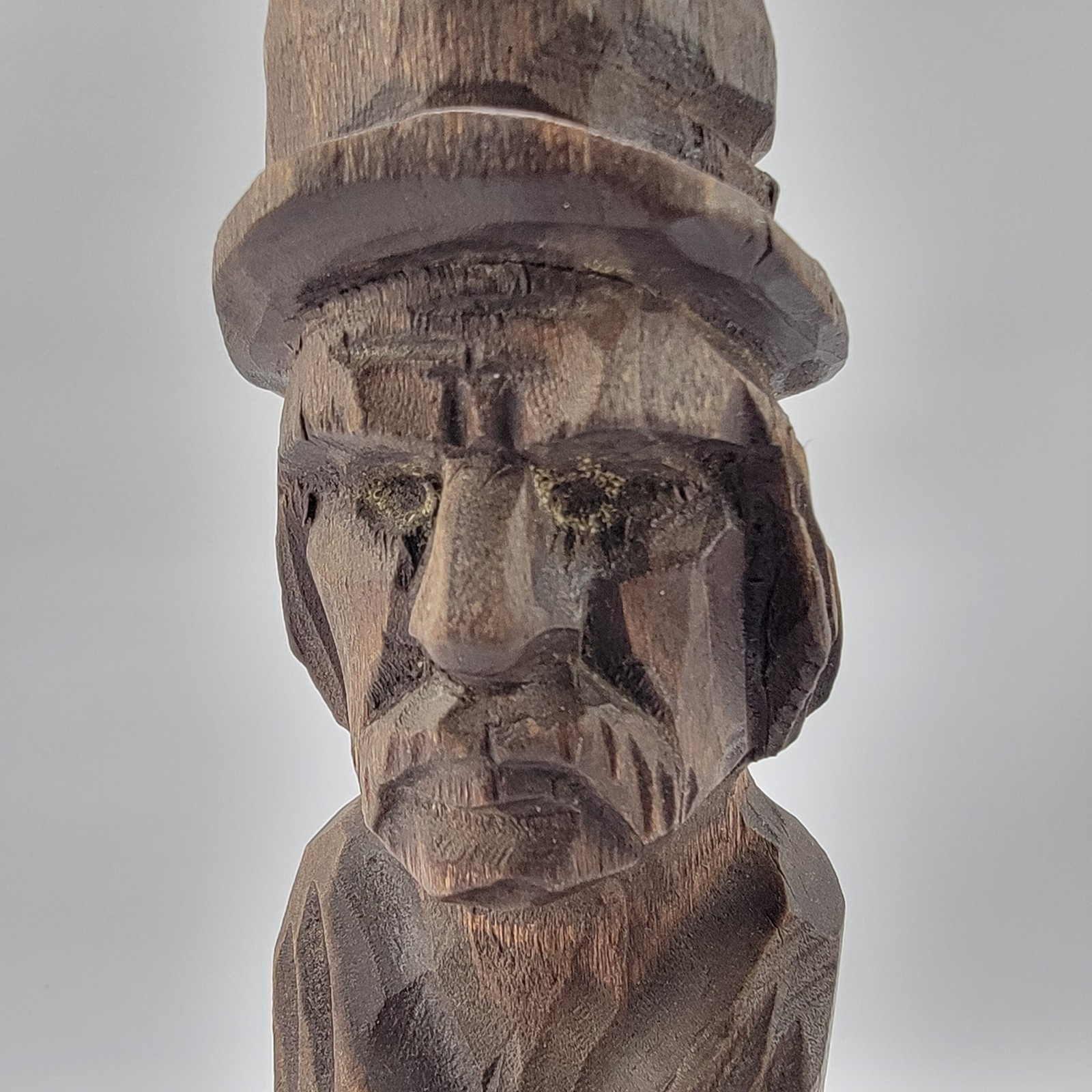 Hand Carved Wood Old Man Hat Bust Mini Figurine Statue Medium Brown 5.5″