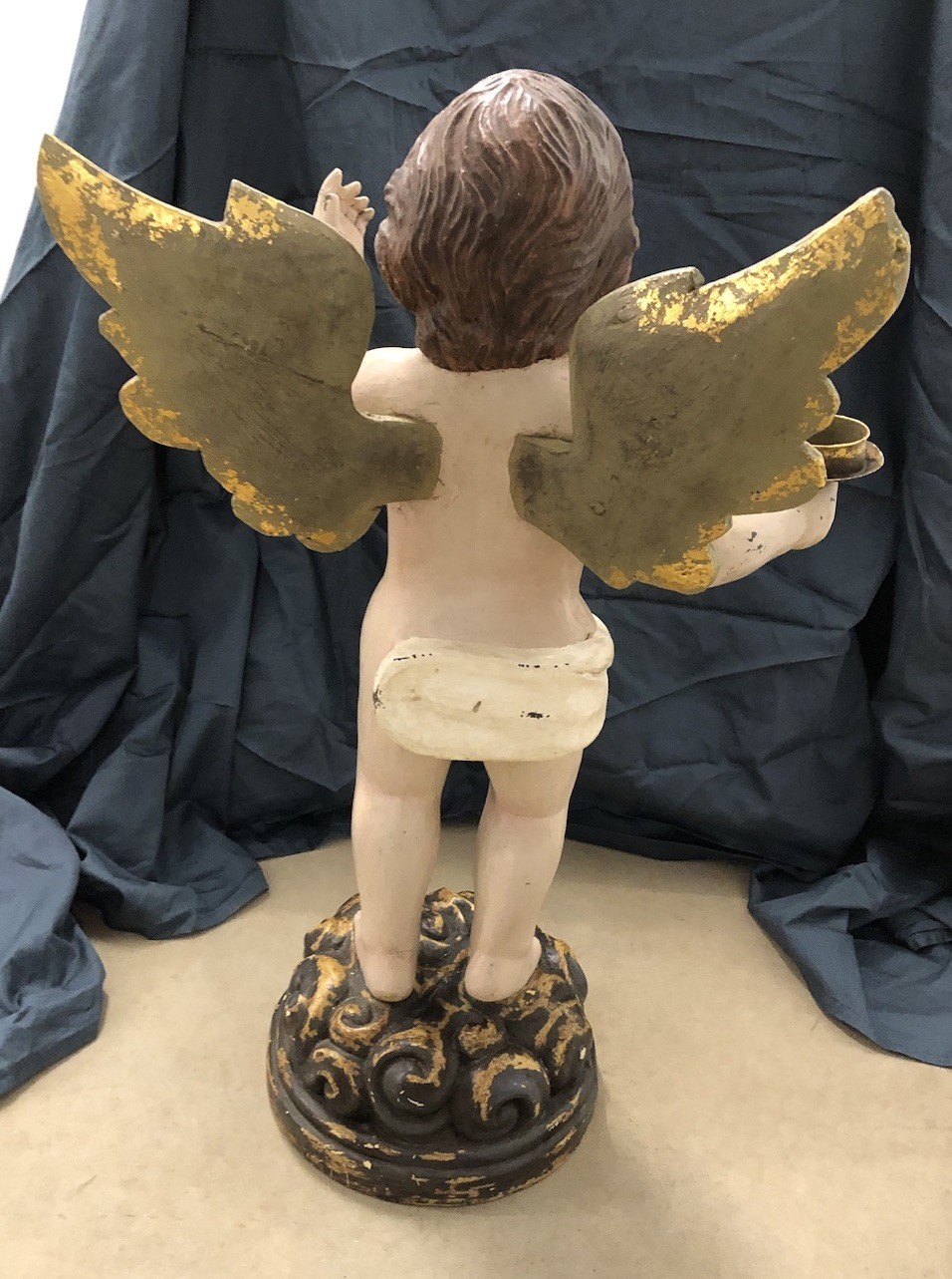 Large Vintage 28” Italian Cherub Putti Angel Composite Stands On Floral Base